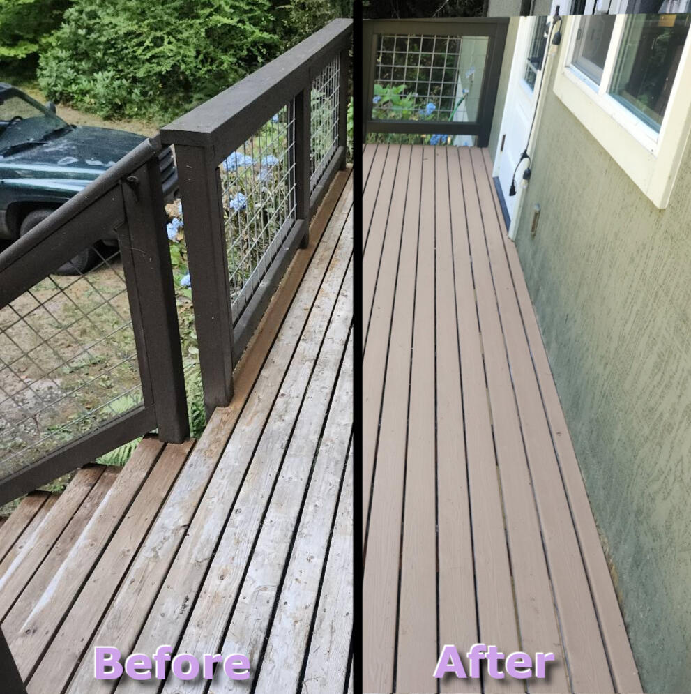 Deck Before After Two photos of a deck. The first photo is weathered and worn and labeled "before", the second photo is clean and refinished, labeled "after."