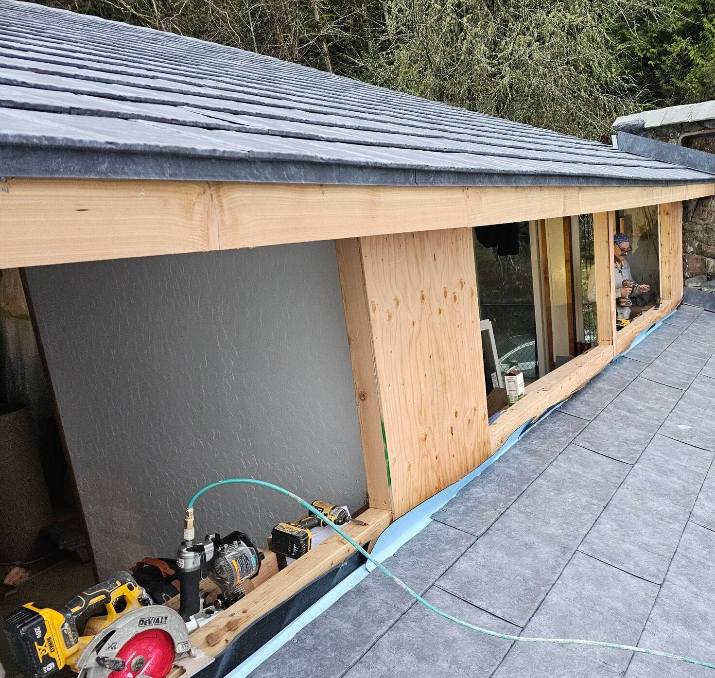 Deck Before After Two photos of a deck. The first photo is weathered and worn and labeled "before", the second photo is clean and refinished, labeled "after."